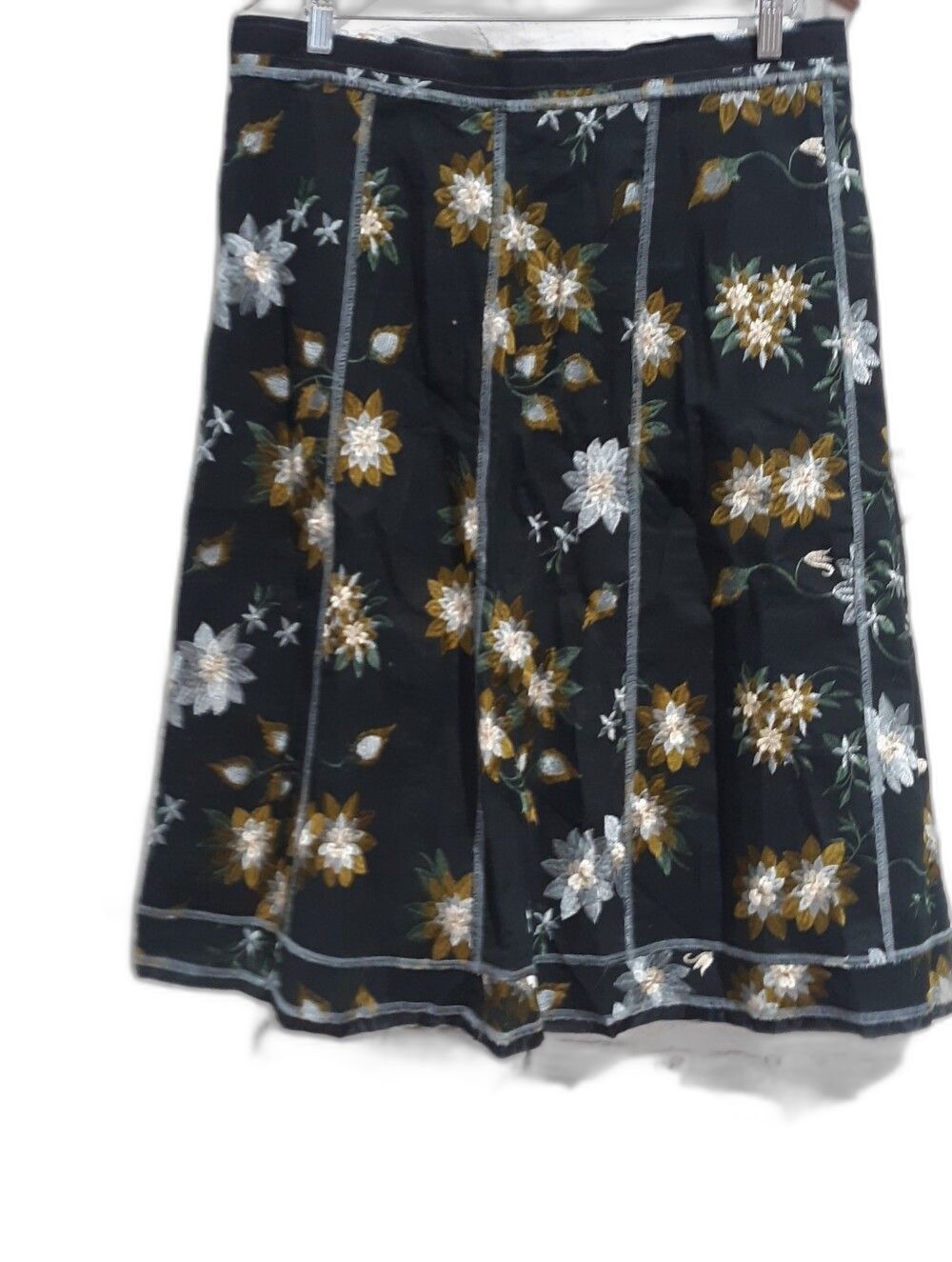 neesh by D.A.R. Vintage Black Linen Blend Embroidered Floral Midi Skirt Size XL
